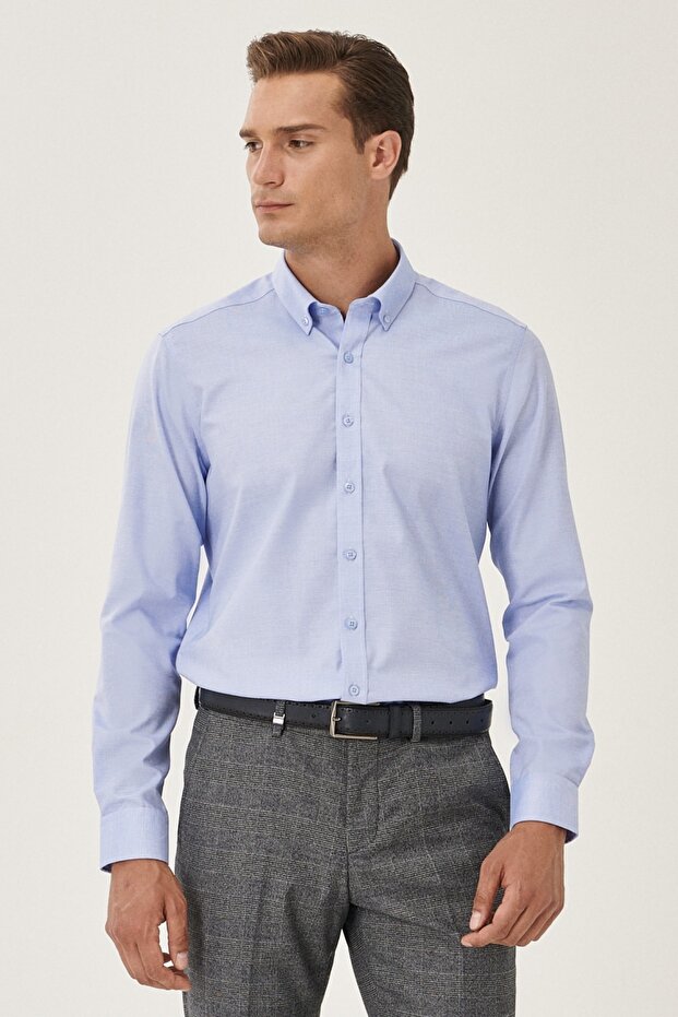 Erkek Açık Mavi Ütü Gerektirmeyen Non -ıron Slim Fit Dar Kesim %100 Pamuk Düğmeli Yaka Gömlek - 1