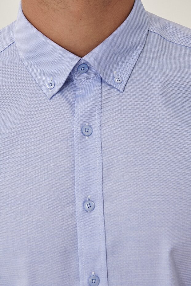 Erkek Açık Mavi Ütü Gerektirmeyen Non -ıron Slim Fit Dar Kesim %100 Pamuk Düğmeli Yaka Gömlek - 3