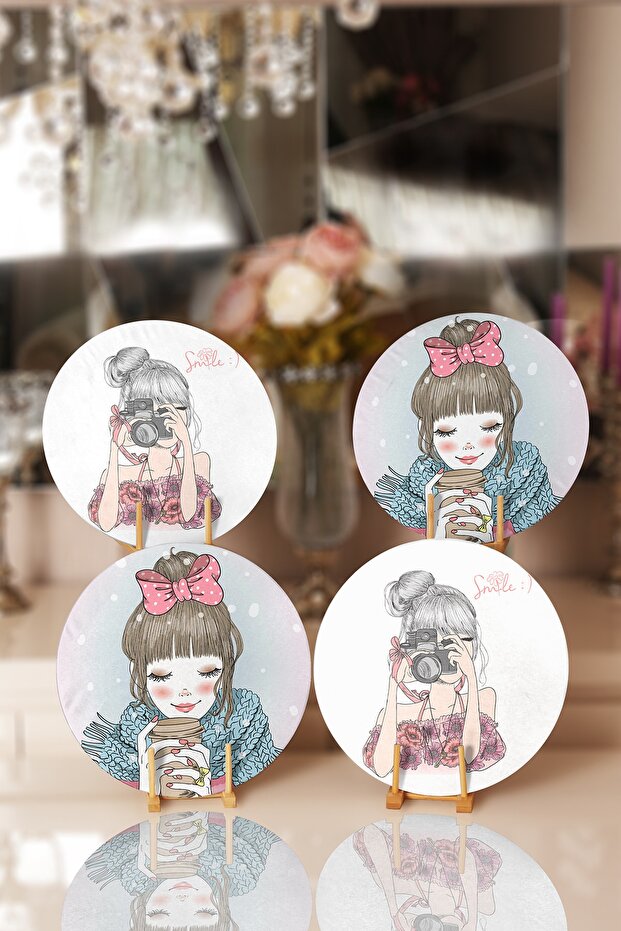 4-Piece Girl Taking Photos & Drinking Coffee Designed Placemat & Supla