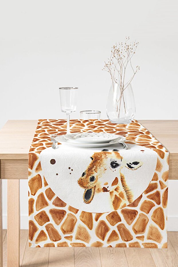White Background Giraffe Patterned Digital Printed Modern Suede Runner - 1