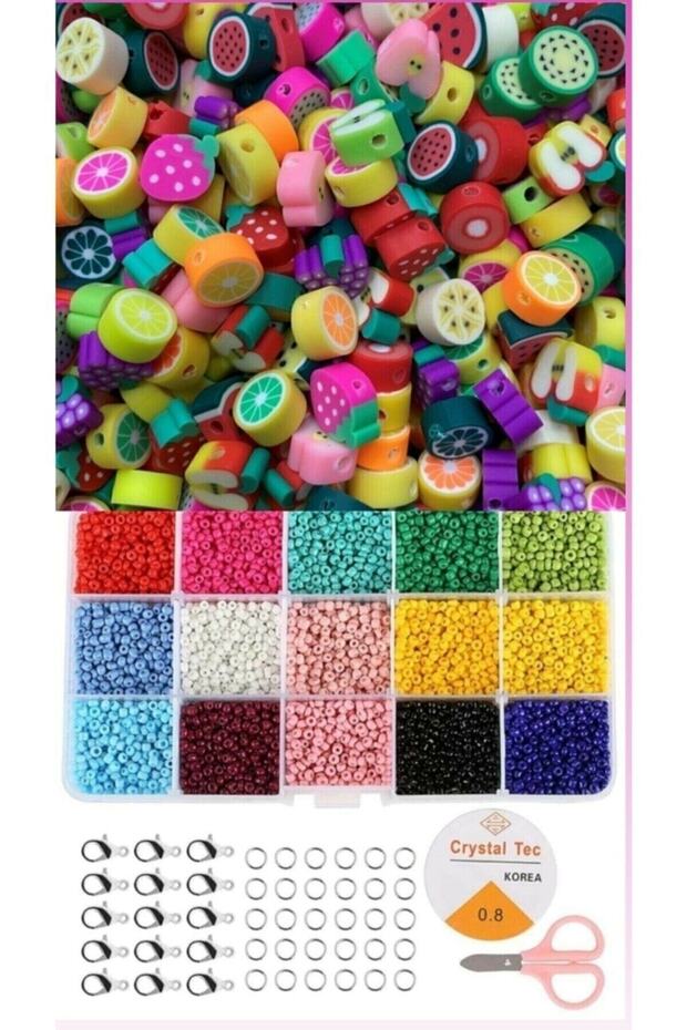 Aren 3mm 15 Colors Sand Beads and 25 Pieces Fimo Beads Making Set with Fruit Figures