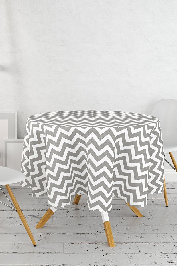 Zigzag Patterned Digital Printed Round Tablecloth - Diameter 140cm - 2