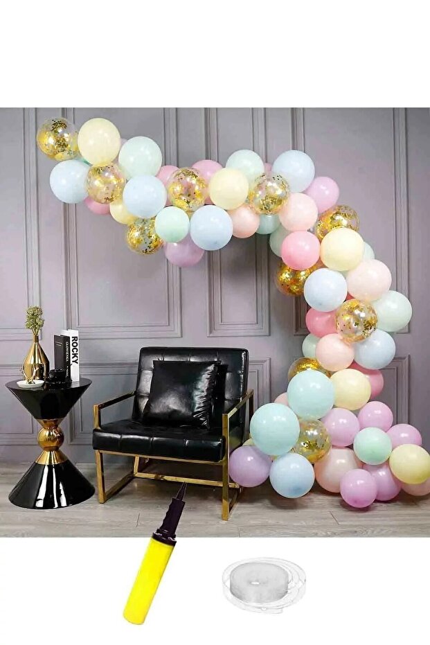 Transparent Birthday Balloon Chain Set with Macarons and Gold Confetti 63 Pieces