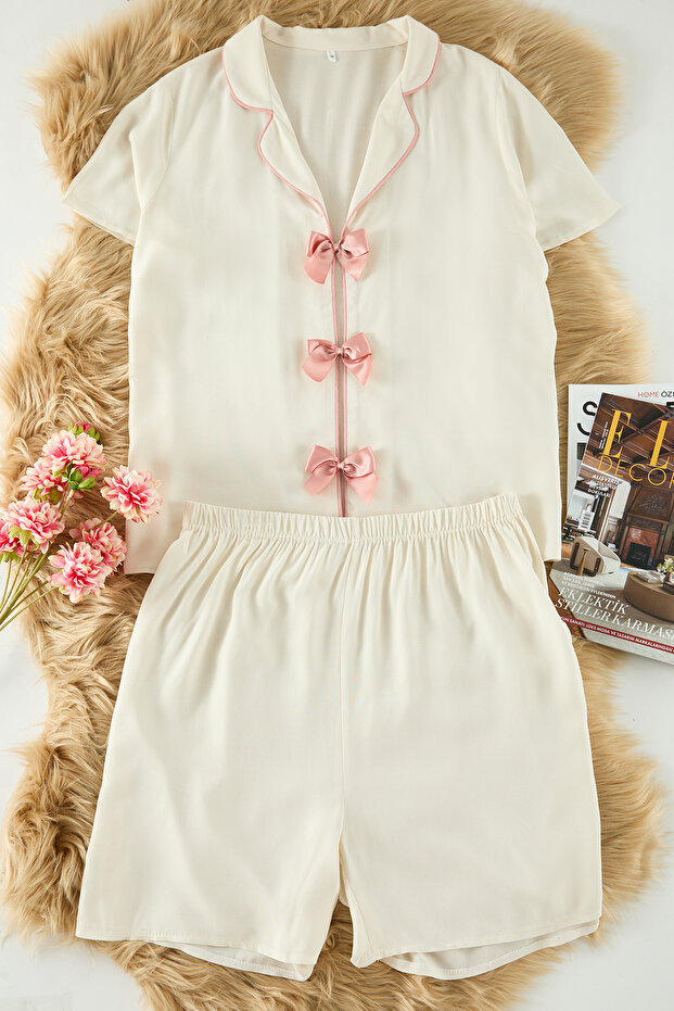 Ecru szalag/masni és csövek részletes viszkóz szőtt pizsama szett TBBSS25AI00015 - 6