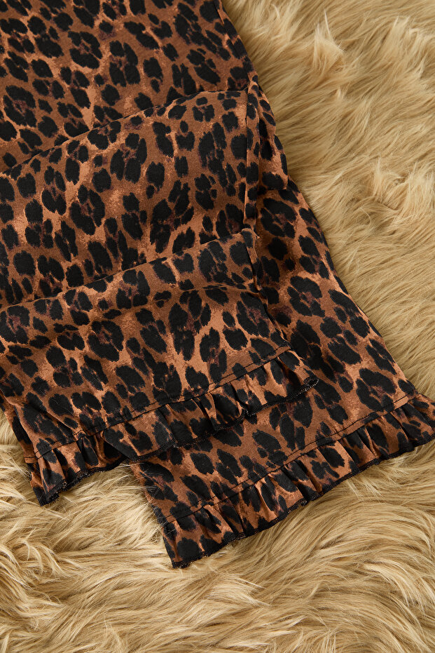 Leopar %100 Pamuklu Fırfır Detaylı Örme Pijama Takımı THMSS24PT00223 - 10
