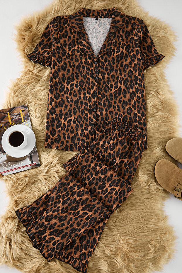 Leopar %100 Pamuklu Fırfır Detaylı Örme Pijama Takımı THMSS24PT00223 - 7