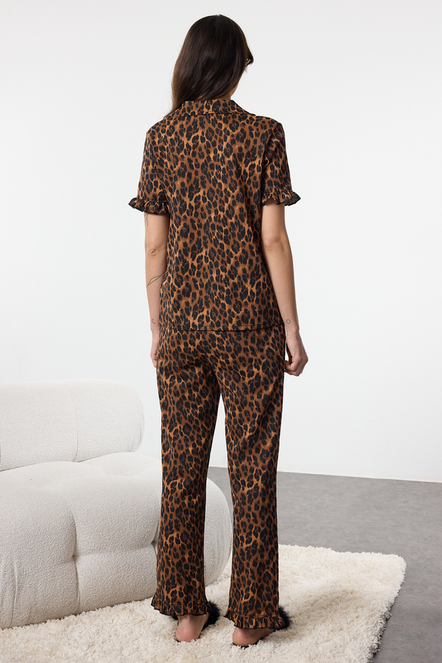 Leopar %100 Pamuklu Fırfır Detaylı Örme Pijama Takımı THMSS24PT00223 - 6