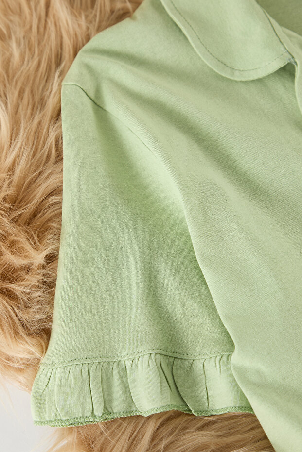 Mint Kolları Fırfırlı Gömlek Yaka Örme Pijama Takımı TBBSS25AI00001 - 8