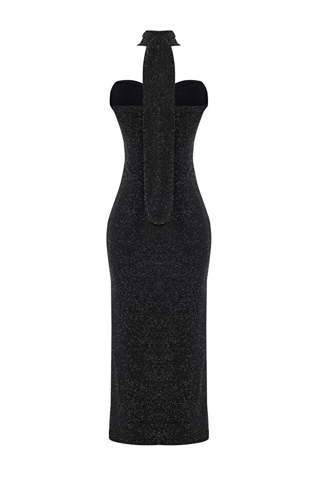 Stříbrné třpytivé pletené šaty s kravatou na krk Tprss25El00021 - 8