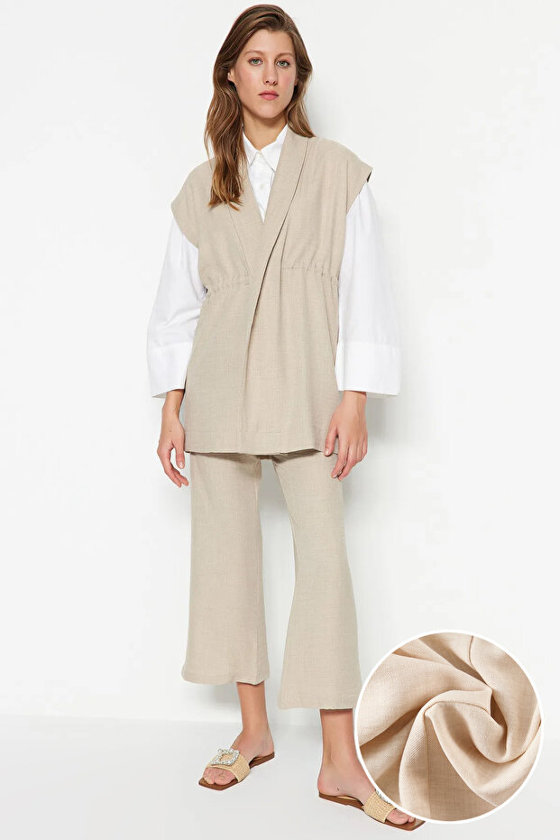 Krem İçten Bağlamalı Keten Görünümlü Kimono-Pantolon Dokuma Takım TCTSS23US00061 - 5