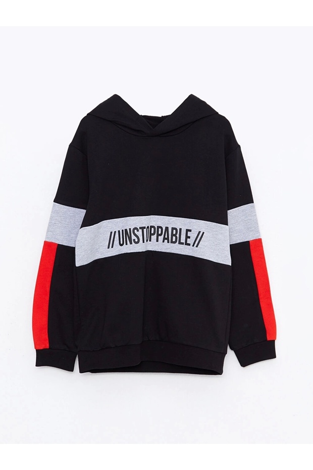 Lcw Kids Black Hooded Printed Long Sleeve Boy Sweatshirt