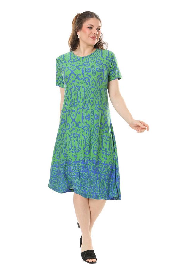 Kadın Büyük Beden Kısa Kol Yeşil Damask Desenli Midi Elbise - 4