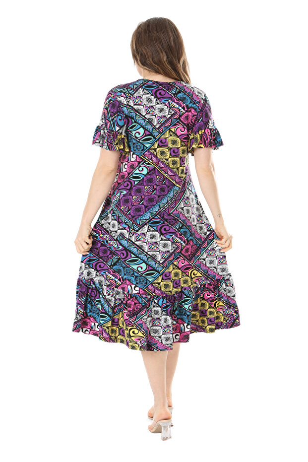 مقاس كبير - فستان بجيب مكشكش منقوش باللون الأرجواني - 6