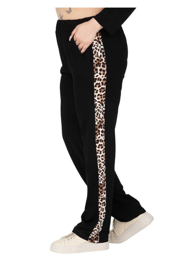 Women's Plus Size Black Leopard Patterned Stripe Detailed Plus Size Tracksuit Set with Elastic Waist - 5