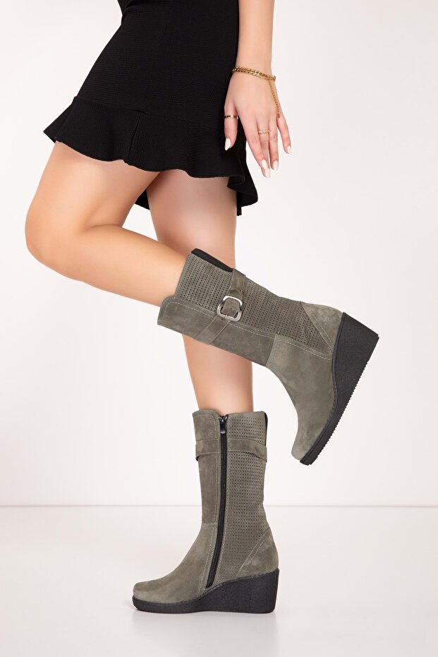Genuine Leather Wedge Heeled Daily Boots Ell.7063