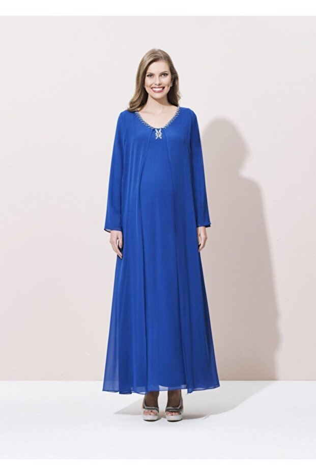 Saks Mavi Yaka İşlemeli Uzun Abiye Hamile Elbise - 2