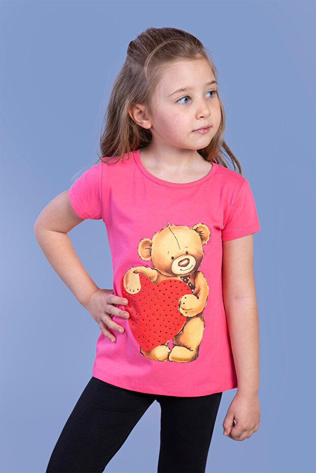 Girl's Heart Teddy Bear Printed Stone Embroidered T-Shirt