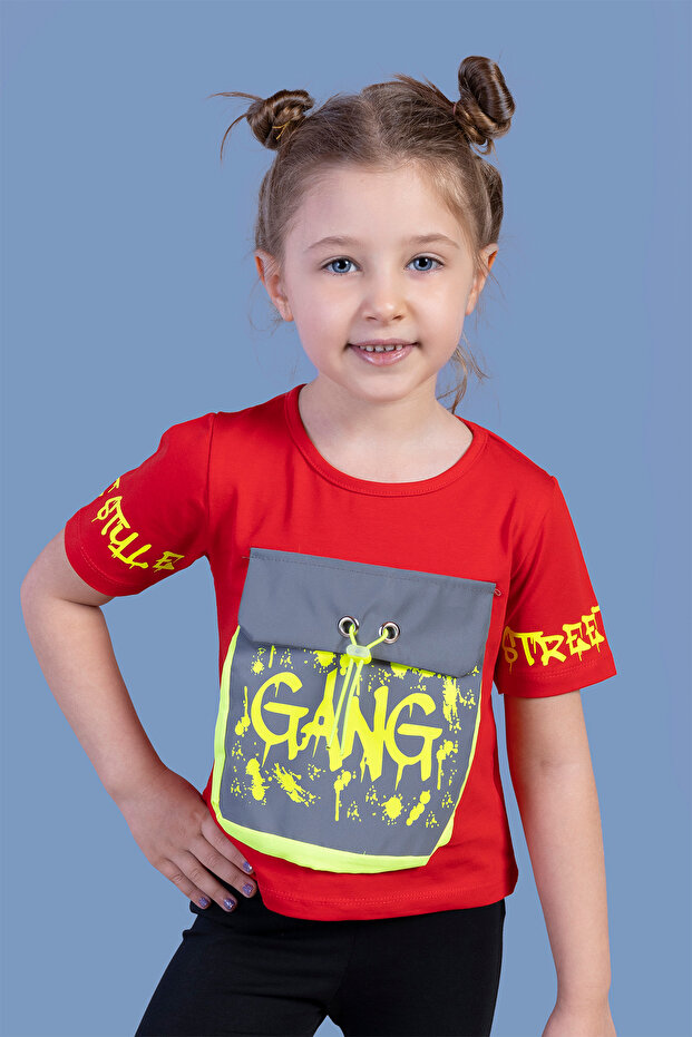 Girl's Pocket Reflective Detailed Printed T-Shirt