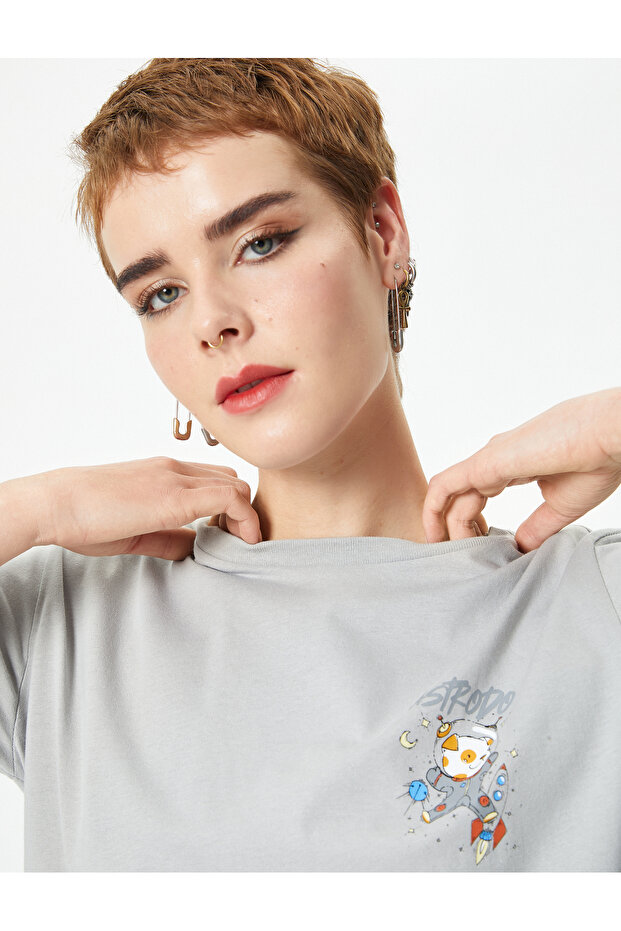 Short Sleeve Print Detailed T-Shirt Crew Neck Cotton