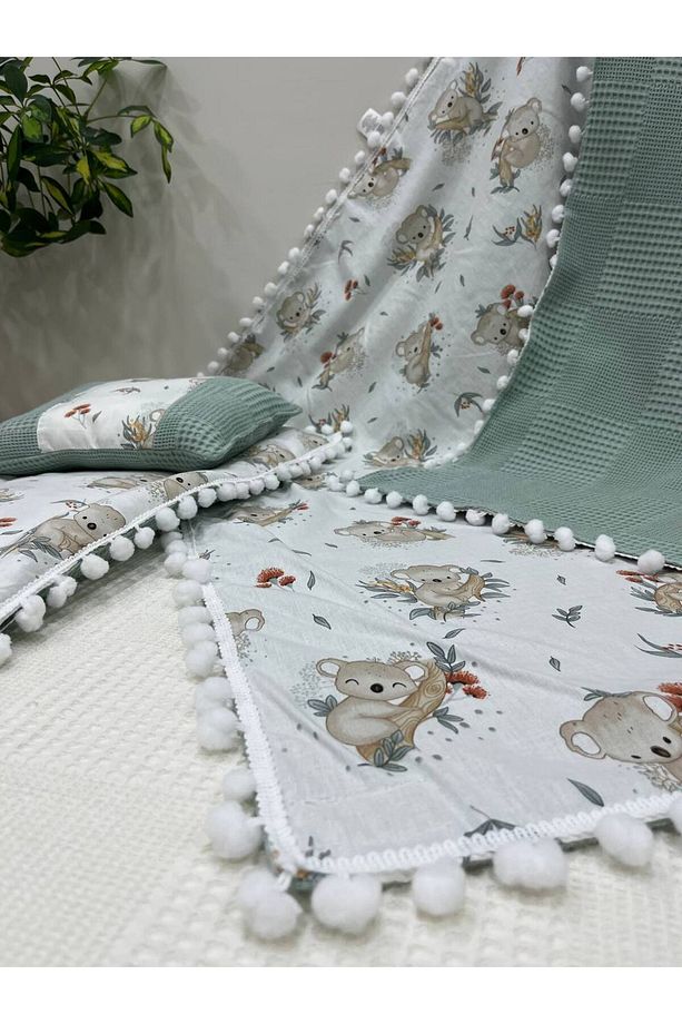Poplin Kumaş Ve Ponponlu Alt Açma , Yastık Ve Battaniye 3'lü Set - 5