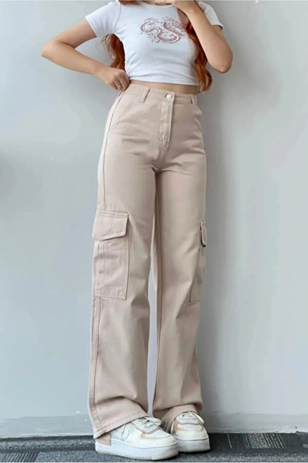 Bej Kargo Cepli Yüksek Bel Wide Leg Pantolon - 2