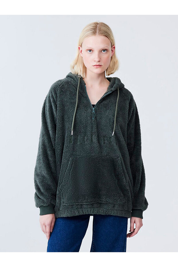 Kapüşonlu Slogan Işlemeli Yeşil Sweatshırt - 2