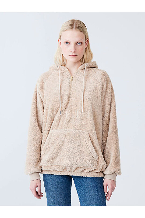 Kapüşonlu Slogan Işlemeli Bej Sweatshırt - 2