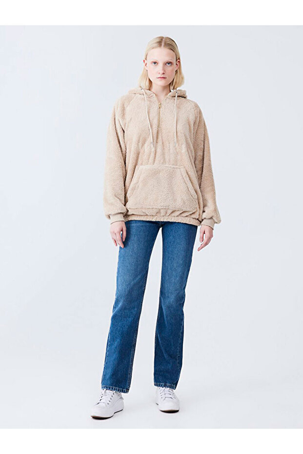 Kapüşonlu Slogan Işlemeli Bej Sweatshırt - 1