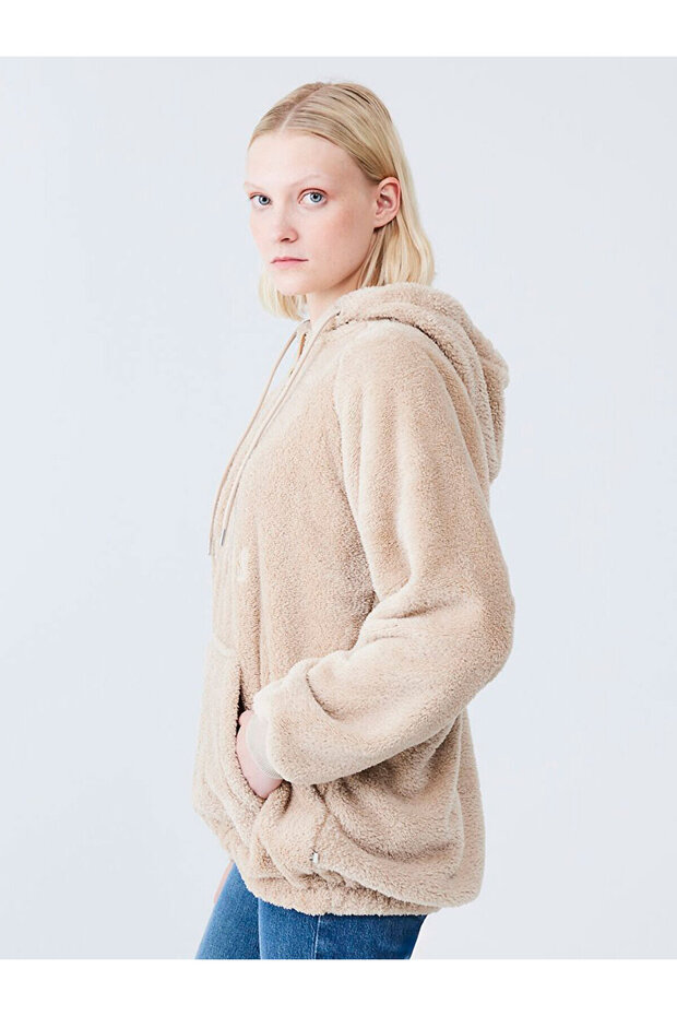 Kapüşonlu Slogan Işlemeli Bej Sweatshırt - 4