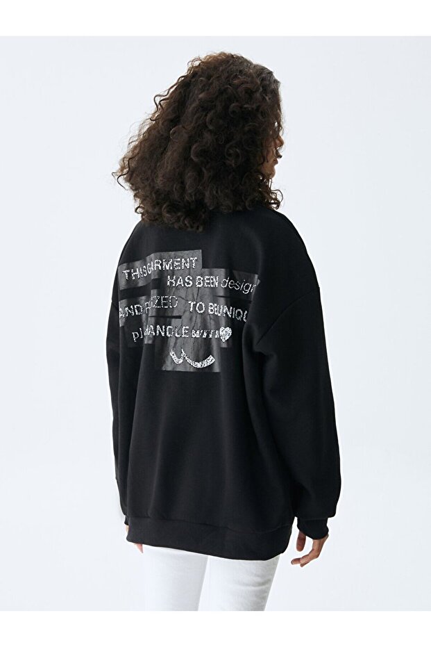 Slogan Baskılı Dik Yaka Siyah Sweatshırt - 3