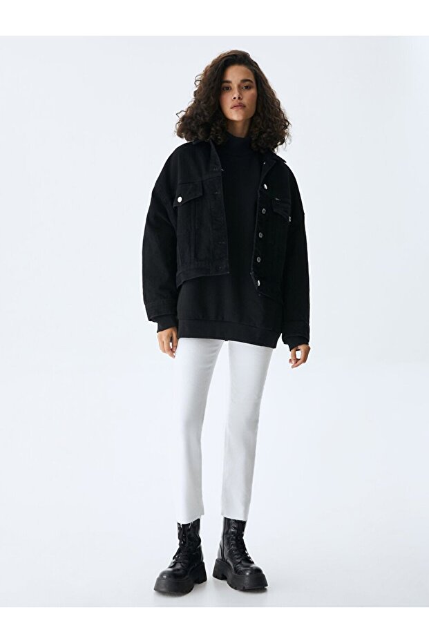 Slogan Baskılı Dik Yaka Siyah Sweatshırt - 1