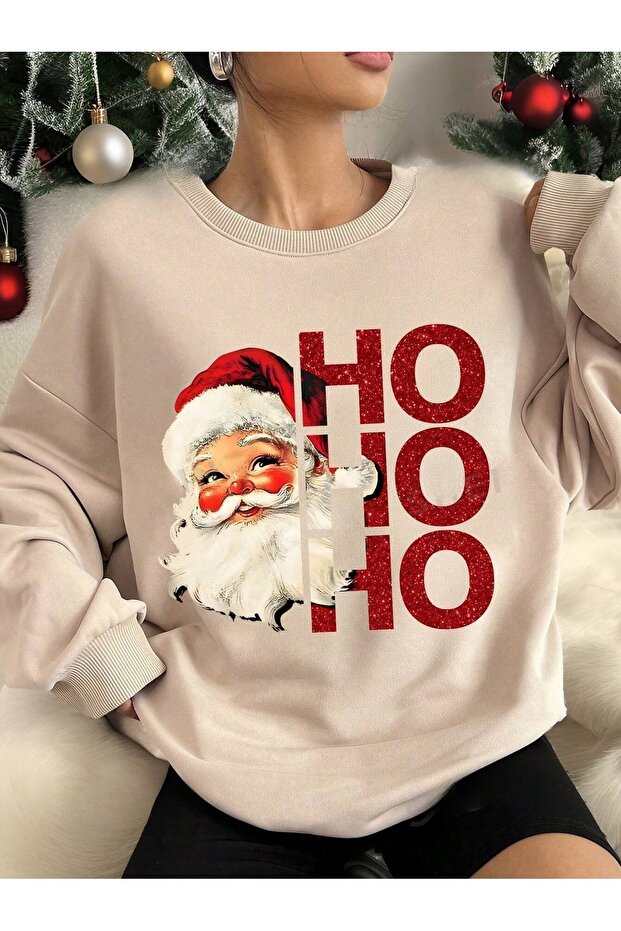 New Year's Concept Santa Claus Ho Ho Printed Crew Neck Sweatshirt