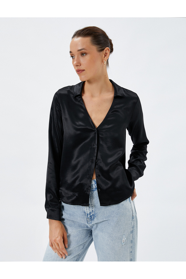 Satin Shirt Classic V-Neck Buttoned Long Sleeve