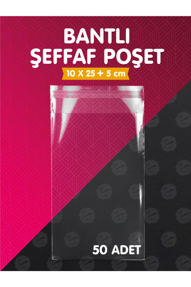 Bantlı Şeffaf Poşet (11x25+5cm)  50 Adet Parlak Jelatin Paket Hediye Poşeti -T992 - 1