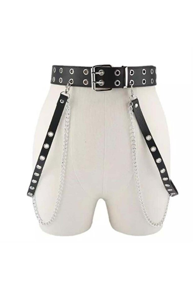 Triple Black Leather Belt with Eyelet Detail and Chain