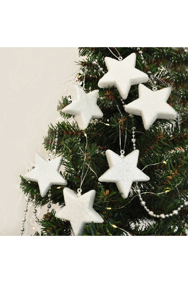 Christmas Tree Ornament Glittery White Star Set of 6