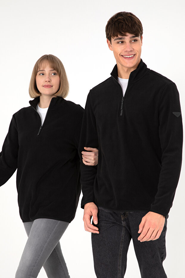 Men's Half Zipper Black Basic Fleece Sweatshirt 50298085-Vr046