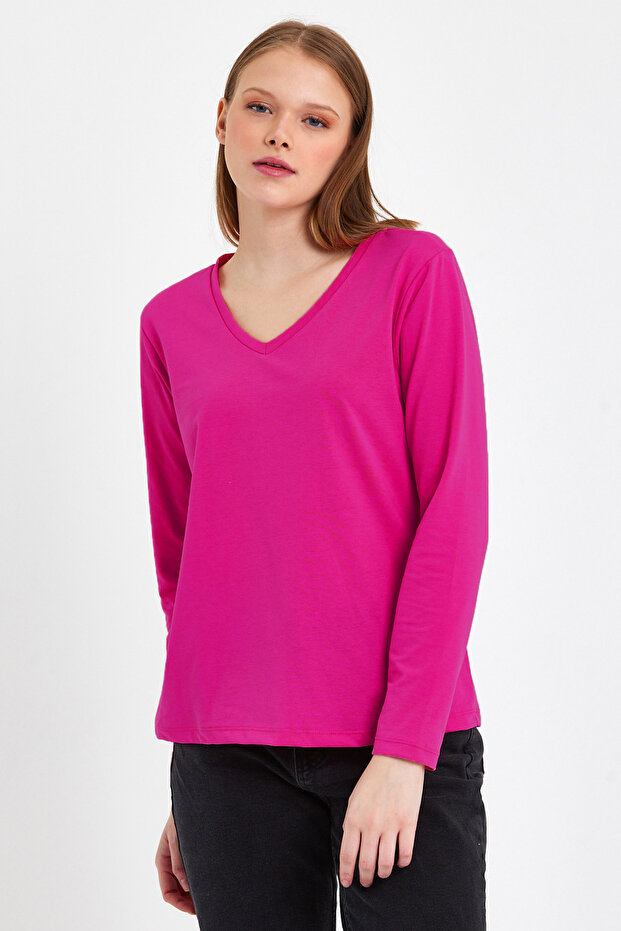 Kadın Uzun Kollu V Yaka Basic Pamuklu Örme Bluz - 2