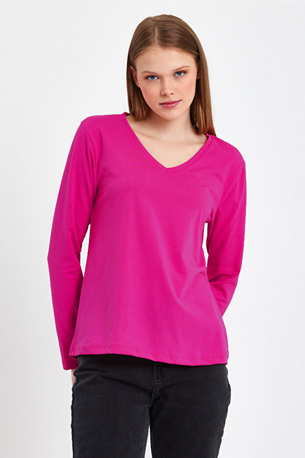 Kadın Uzun Kollu V Yaka Basic Pamuklu Örme Bluz - 3