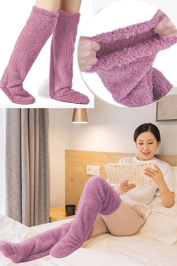 Sock Peluş Uyku Çorabı Welsoft Diz Üstü Oda Çorabı Ayak Isıtıcı Uzun Gonç Çorap Mor - 1