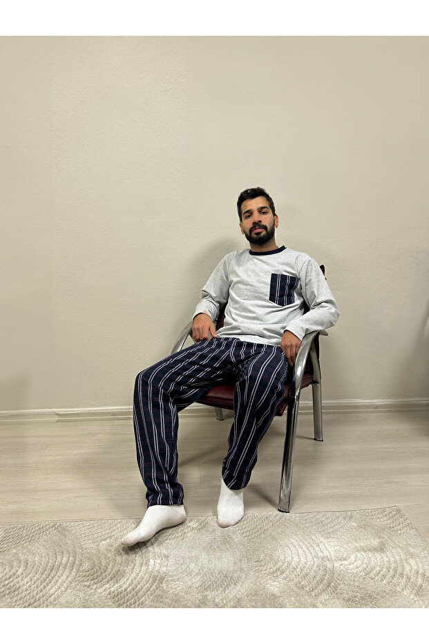 Two Thread (Thick) Plaid Men's Pajamas Set with Pockets