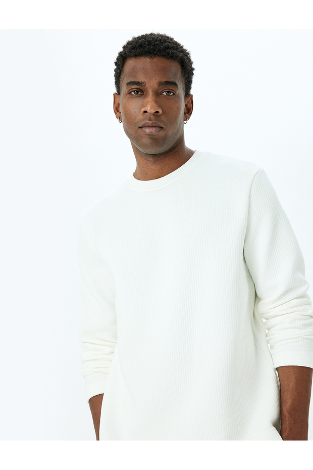 Long Sleeve Cotton Blended Textured Basic Crew Neck Sweatshirt