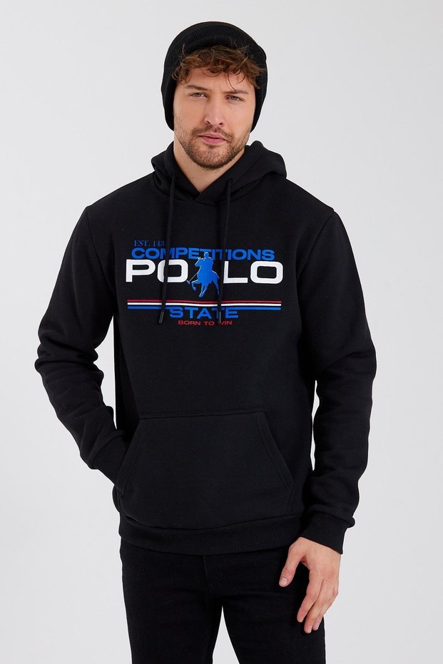 Men's Hooded Printed 3 Thread Sweatshirt Black