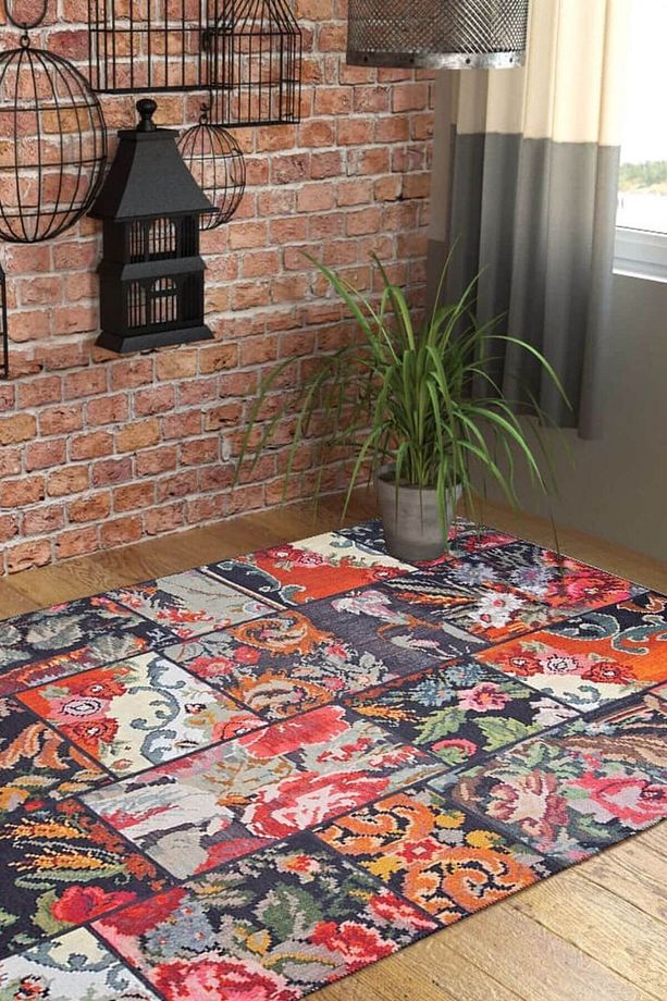 Patchwork Karabağ Desenli Salon Halısı, Dokuma Taban Dekoratif Şönil Siyah Halı Jazz Al 153 - 2