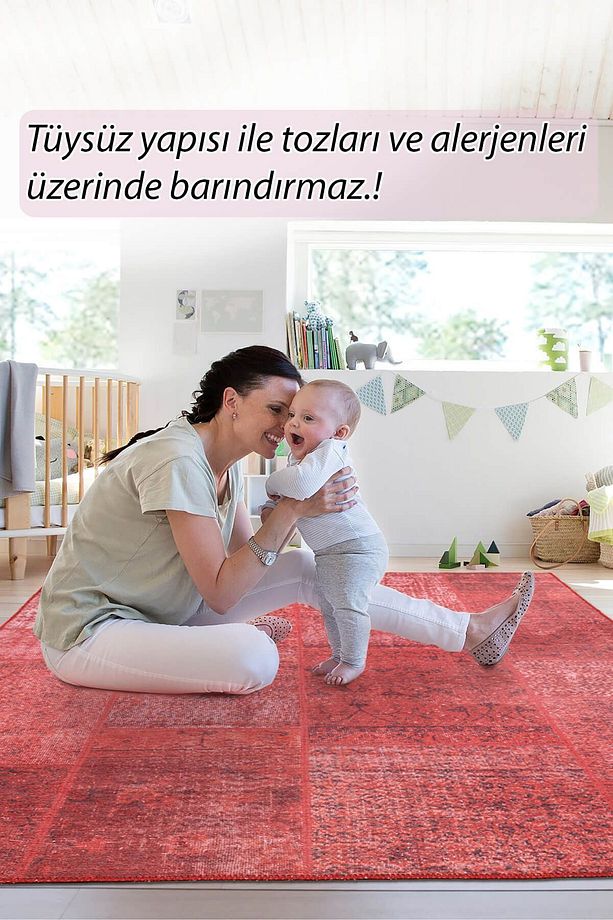 Patchwork Desenli Salon Halısı, Dokuma Taban Dekoratif Şönil Kırmızı Halı Jazz Al 164 - 9