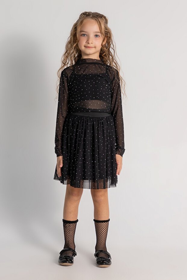 Girl's Suspender Badi Stoned Blouse Elastic Waist Stoned Skirt Triple Set