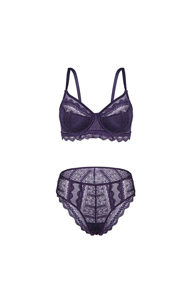 Dantelli Minimizer Bra Panty Set - Semi-Sponge Supported, Underwire - Fashion - 2483 - Purple