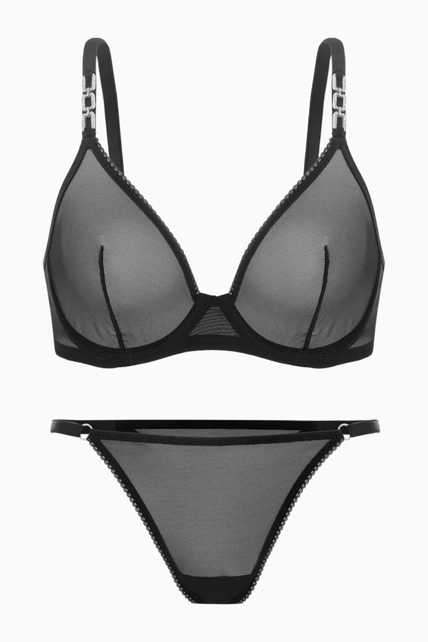 Chain Detailed Tulle Bra Panty Set - Capless - Fashion - 2565 - Black