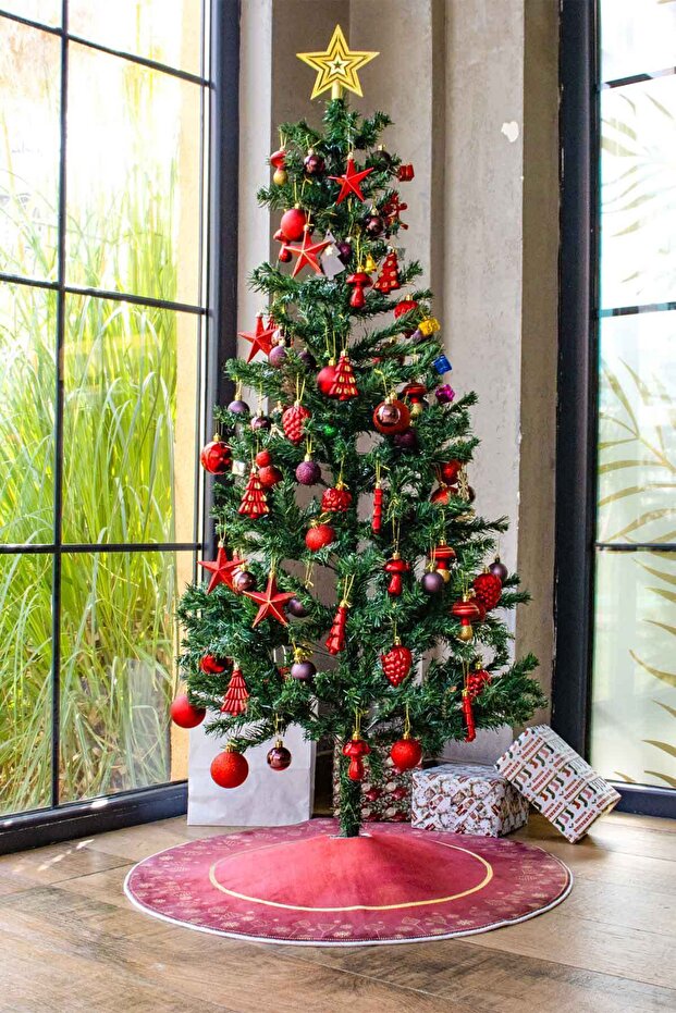 Yılbaşı Ağacı Altı Örtüsü, Çam Ağacı Ayak Halısı Örtüsü, Çamlı Desen, Dokuma Taban 100x100 Cm - 1