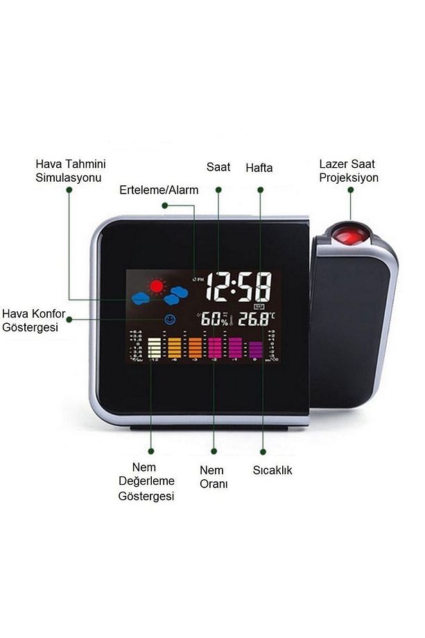 Projektörlü Lcd Ekranlı Dijital Masa Saati Yansıtmalı Tarih Derece Nem - 6